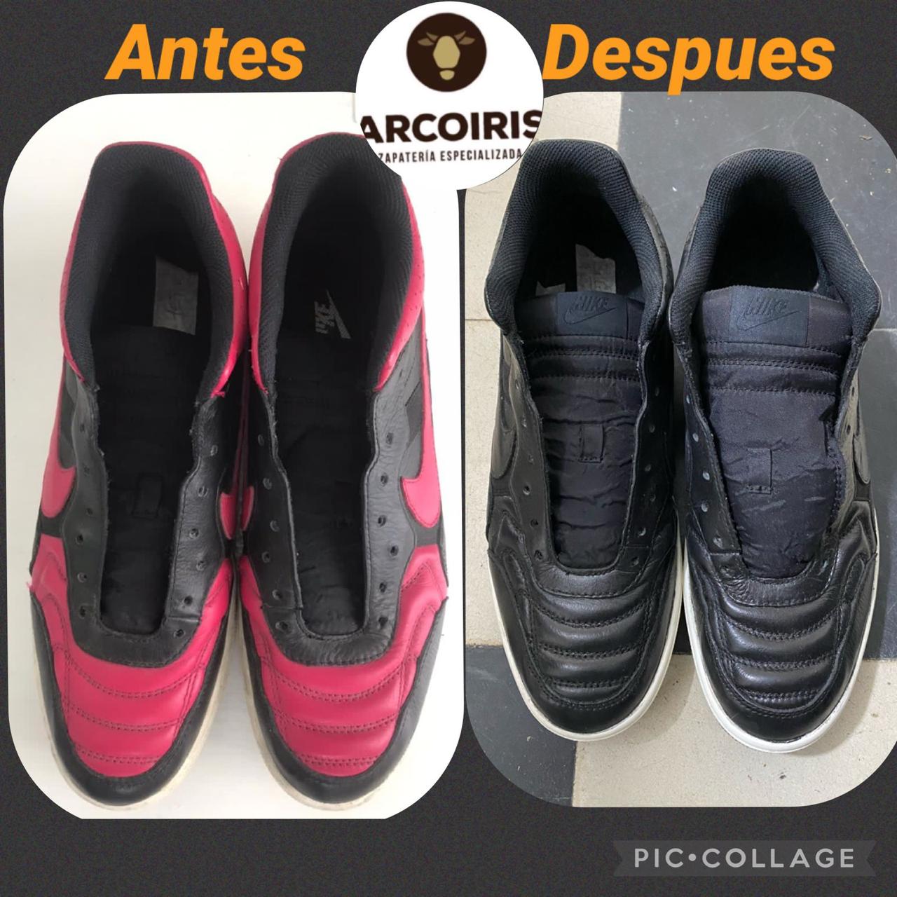 Teñido de tenis de tela y cuero después de la reparación