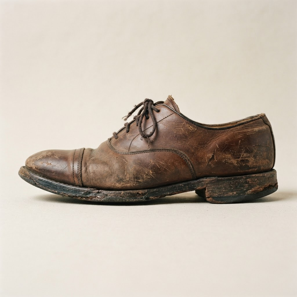 Zapato de cuero restaurado — antes de la reparación