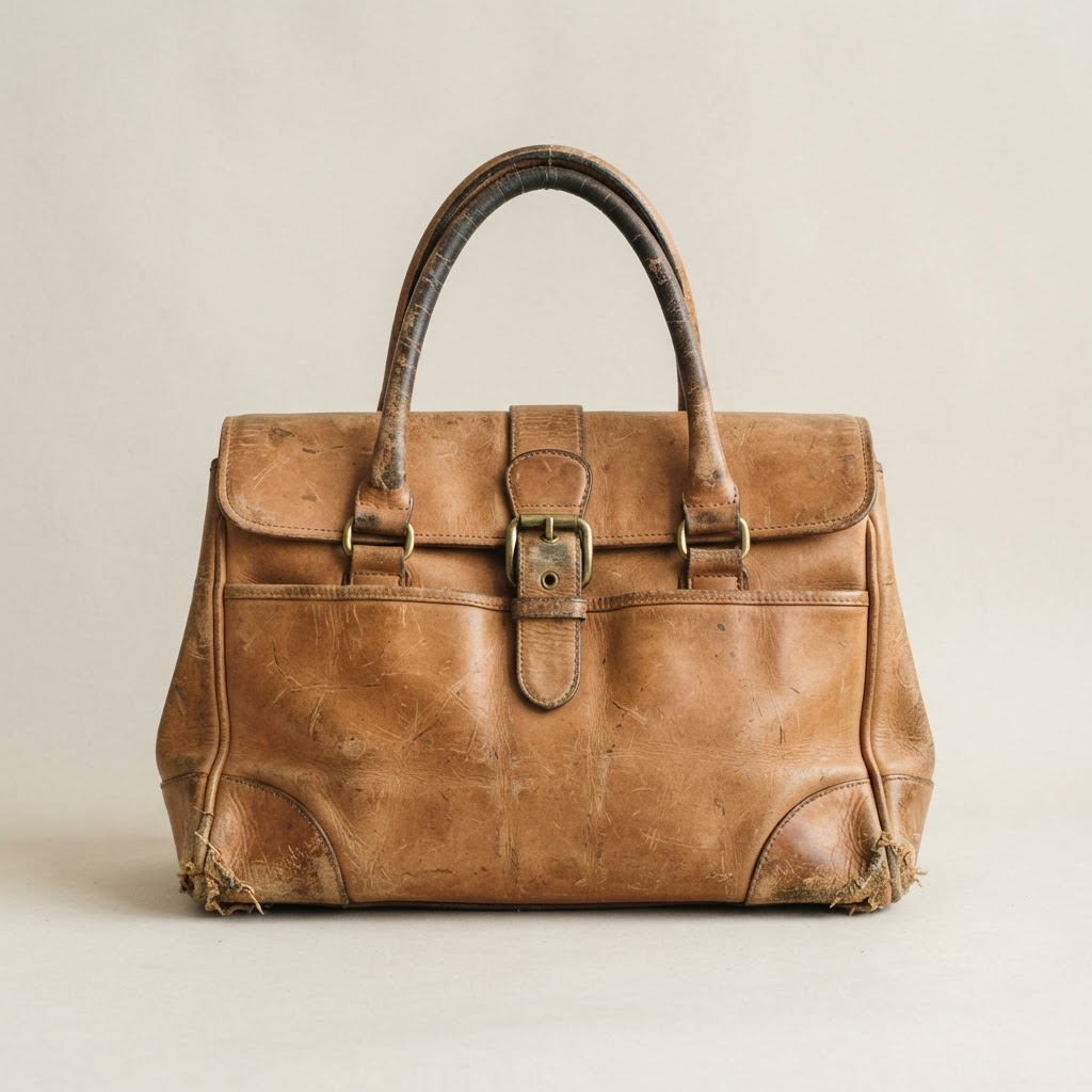 Bolso de cuero recuperado — antes de la reparación
