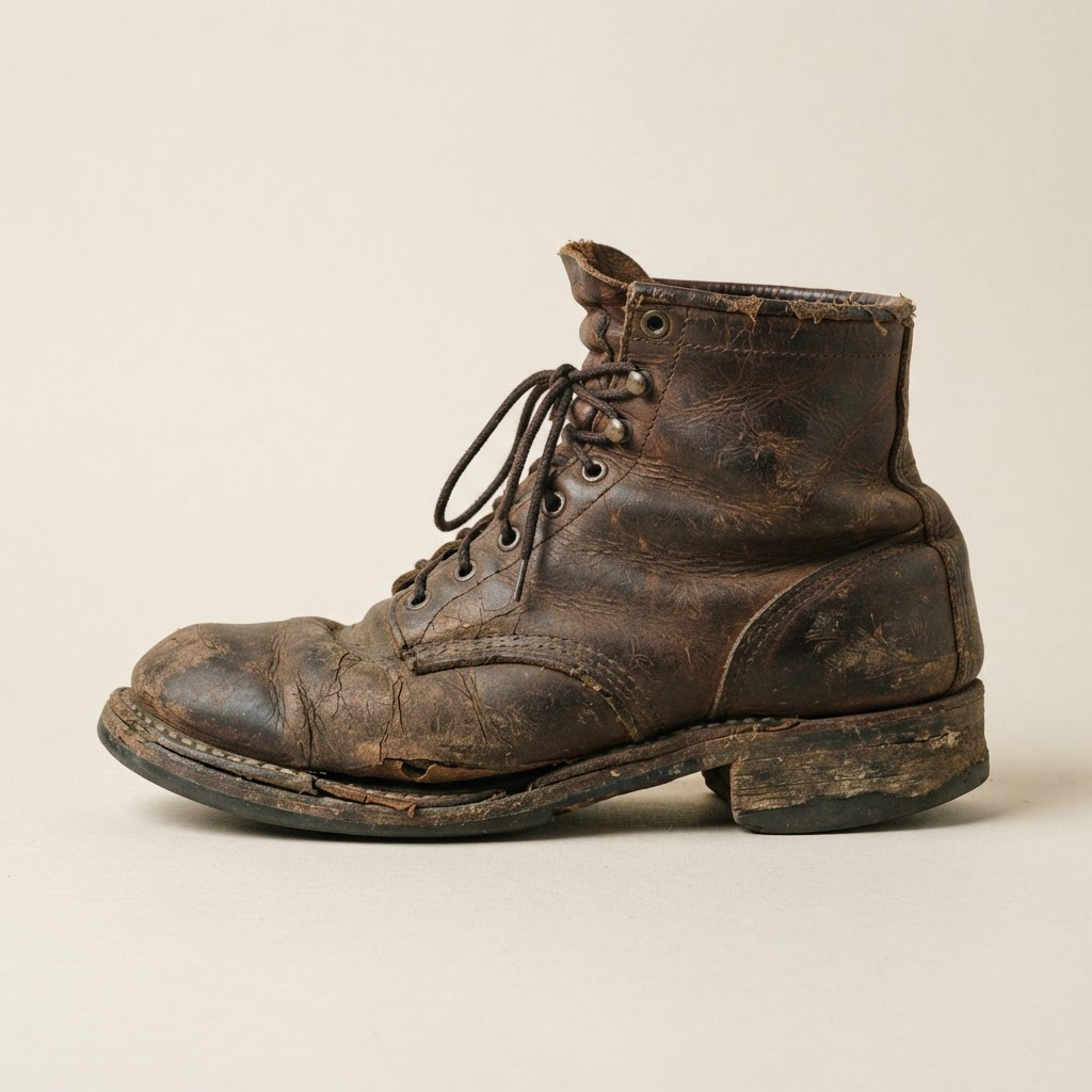 Bota de cuero reparada — antes de la reparación
